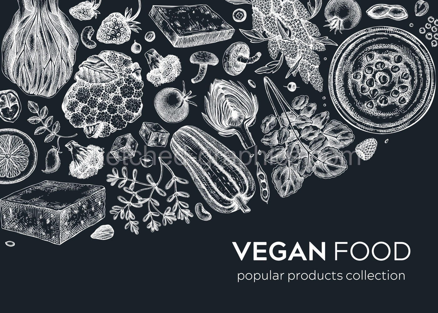 Vegan food background on chalkboard. Healthy food illustration. Middle eastern cuisine frame. Hand drawn vegan meals and ingredients for menu, recipe, packaging design. Vegan food illustration Illustration